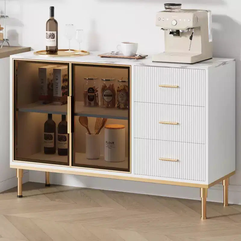 Buffet Sideboard Cabinet with Storage, 46.4 Large Fluted Kitchen Sideboard Cabinet with 2 Glass Doors 3 Drawers and Shelves, Buffet Table