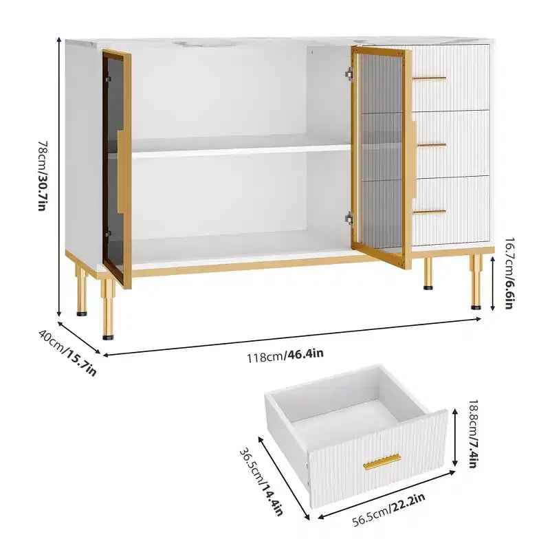 Buffet Sideboard Cabinet with Storage, 46.4 Large Fluted Kitchen Sideboard Cabinet with 2 Glass Doors 3 Drawers and Shelves, Buffet Table