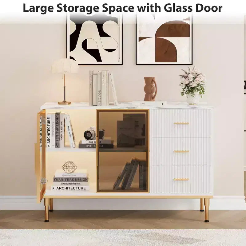 Buffet Sideboard Cabinet with Storage, 46.4 Large Fluted Kitchen Sideboard Cabinet with 2 Glass Doors 3 Drawers and Shelves, Buffet Table