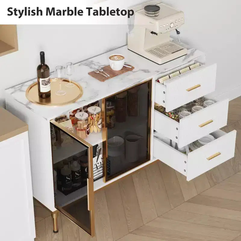 Buffet Sideboard Cabinet with Storage, 46.4 Large Fluted Kitchen Sideboard Cabinet with 2 Glass Doors 3 Drawers and Shelves, Buffet Table
