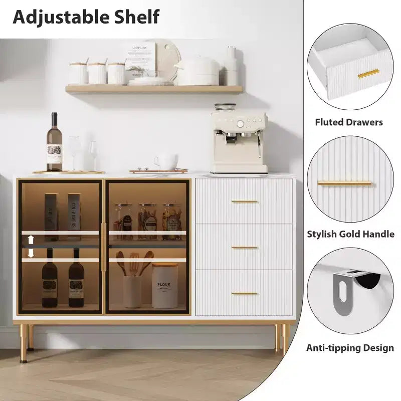 Buffet Sideboard Cabinet with Storage, 46.4 Large Fluted Kitchen Sideboard Cabinet with 2 Glass Doors 3 Drawers and Shelves, Buffet Table