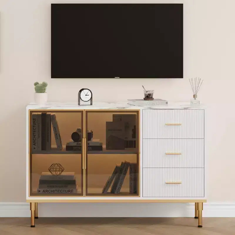 Buffet Sideboard Cabinet with Storage, 46.4 Large Fluted Kitchen Sideboard Cabinet with 2 Glass Doors 3 Drawers and Shelves, Buffet Table