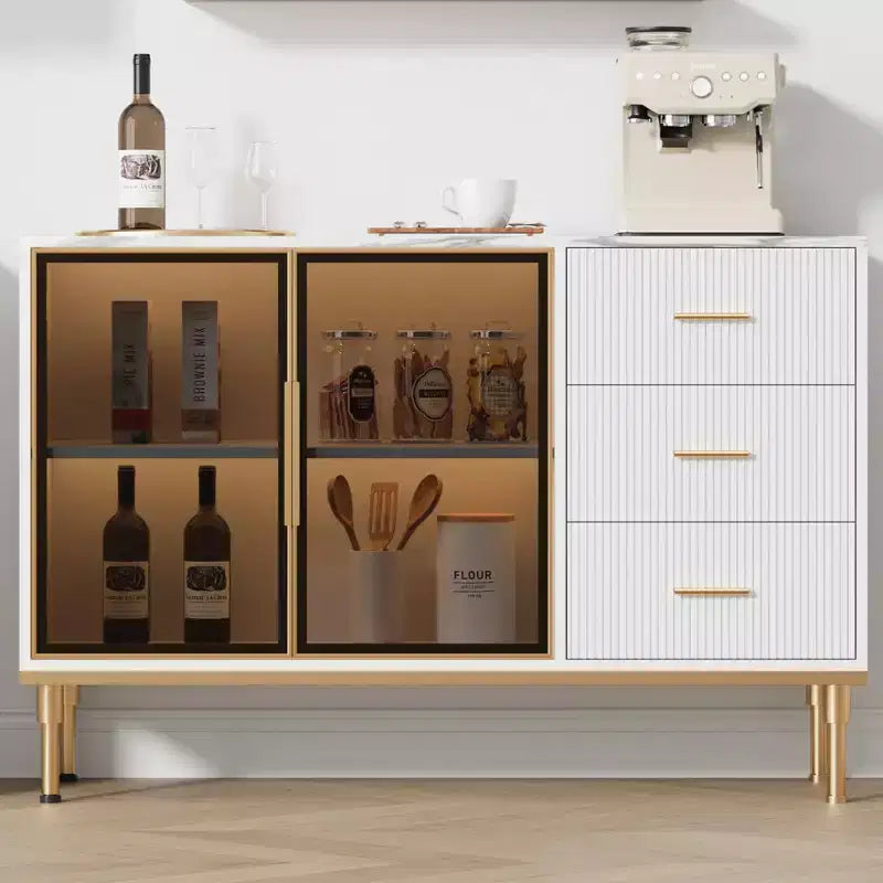 Buffet Sideboard Cabinet with Storage, 46.4 Large Fluted Kitchen Sideboard Cabinet with 2 Glass Doors 3 Drawers and Shelves, Buffet Table