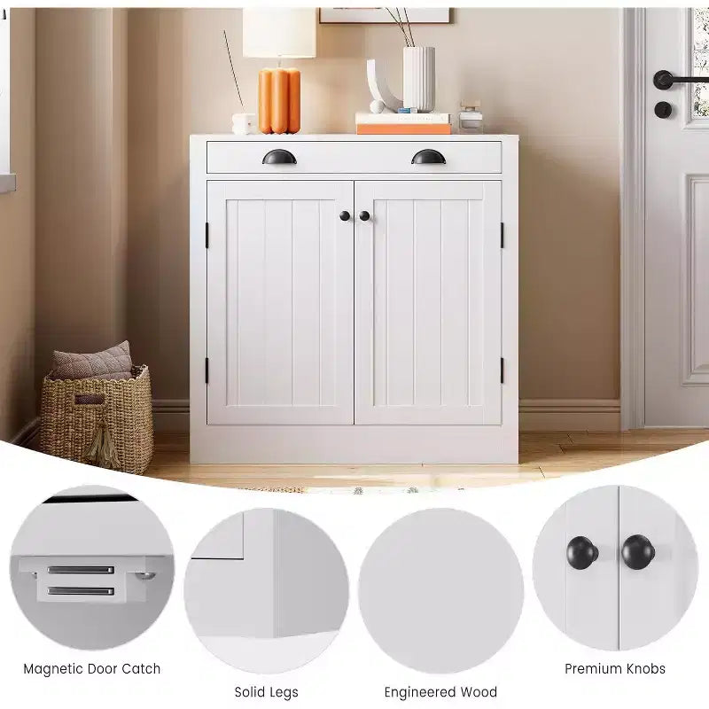 31.5 Modern White Sideboard Buffet Cabinet with Drawer and Adjustable Shelf, Wooden Coffee Bar Storage Cabinet, Farmhouse Style for Kitchen