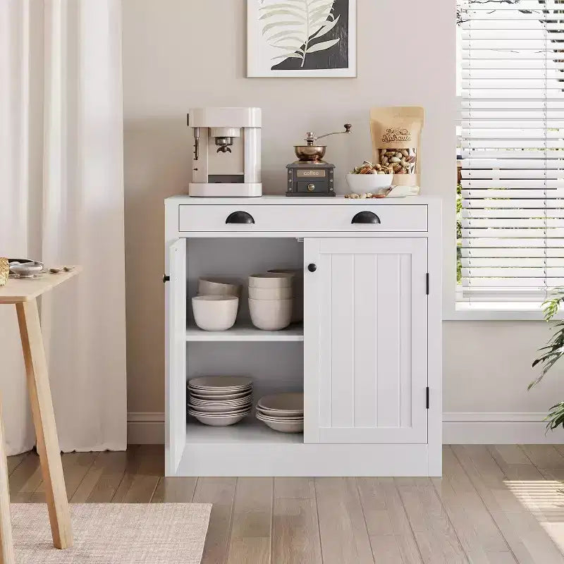 31.5 Modern White Sideboard Buffet Cabinet with Drawer and Adjustable Shelf, Wooden Coffee Bar Storage Cabinet, Farmhouse Style for Kitchen