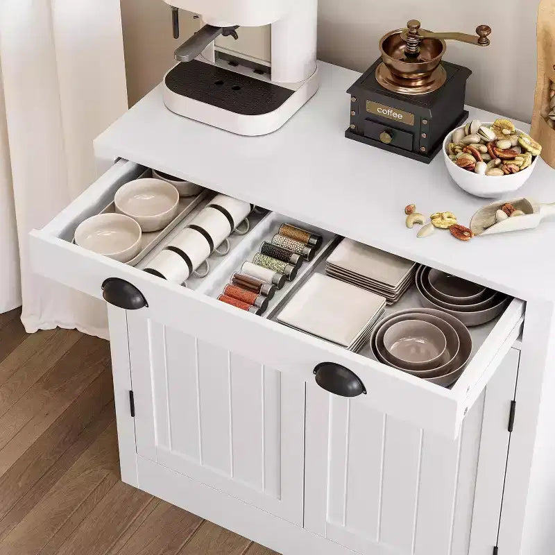 31.5 Modern White Sideboard Buffet Cabinet with Drawer and Adjustable Shelf, Wooden Coffee Bar Storage Cabinet, Farmhouse Style for Kitchen