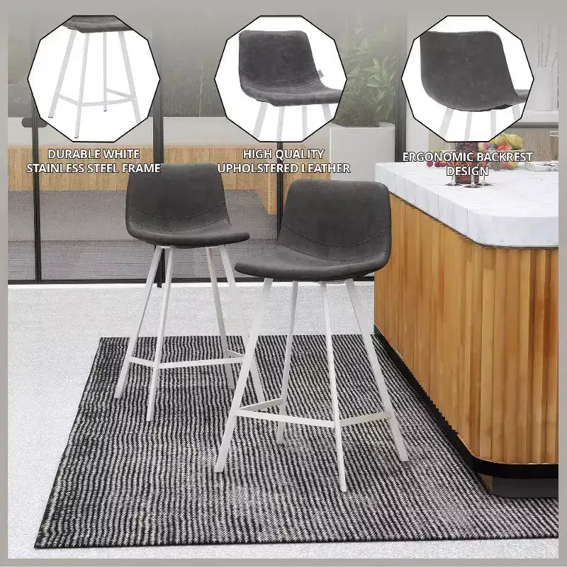 Elland Leather Bar Stool  Modern Counter Height Stool with White Stainless Steel Legs for Kitchen Island or Home Bar Set of 2