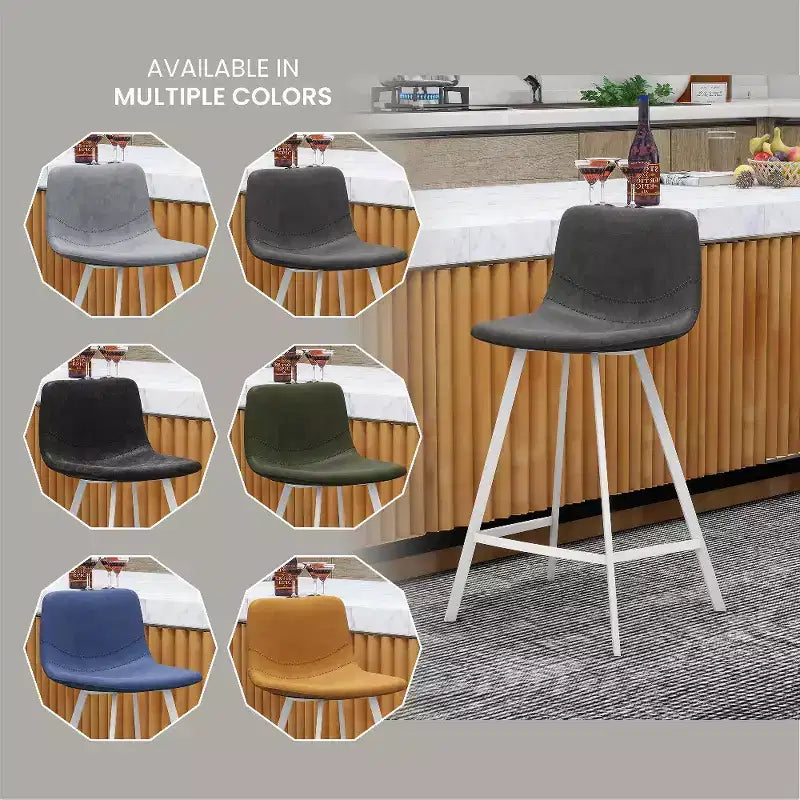 Elland Leather Bar Stool  Modern Counter Height Stool with White Stainless Steel Legs for Kitchen Island or Home Bar Set of 2