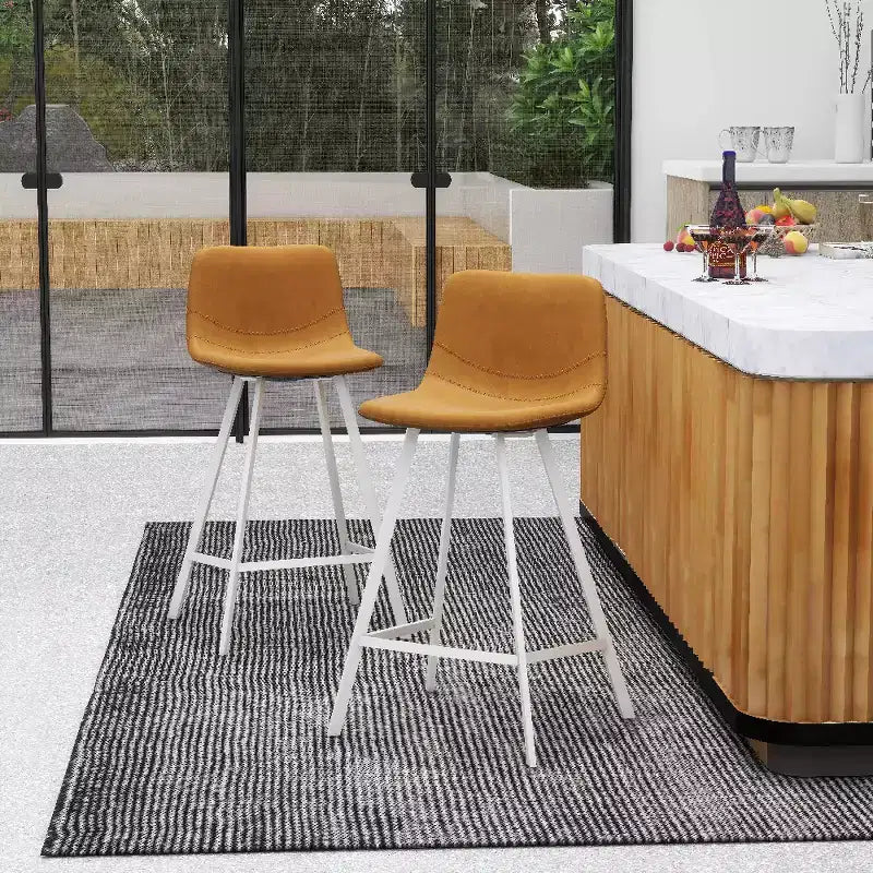 Elland Leather Bar Stool  Modern Counter Height Stool with White Stainless Steel Legs for Kitchen Island or Home Bar Set of 2