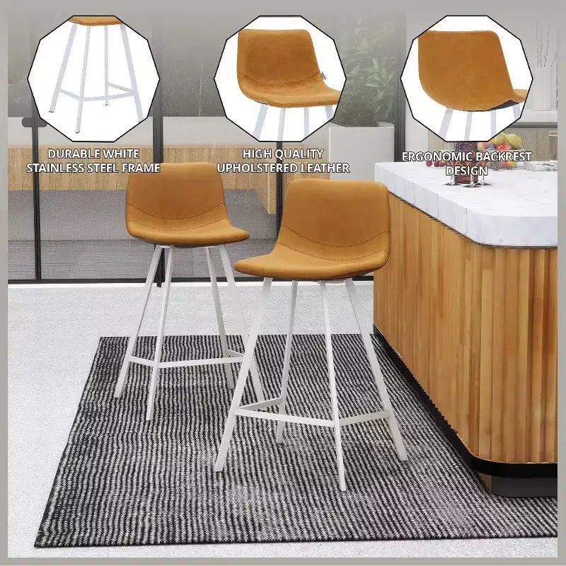 Elland Leather Bar Stool  Modern Counter Height Stool with White Stainless Steel Legs for Kitchen Island or Home Bar Set of 2