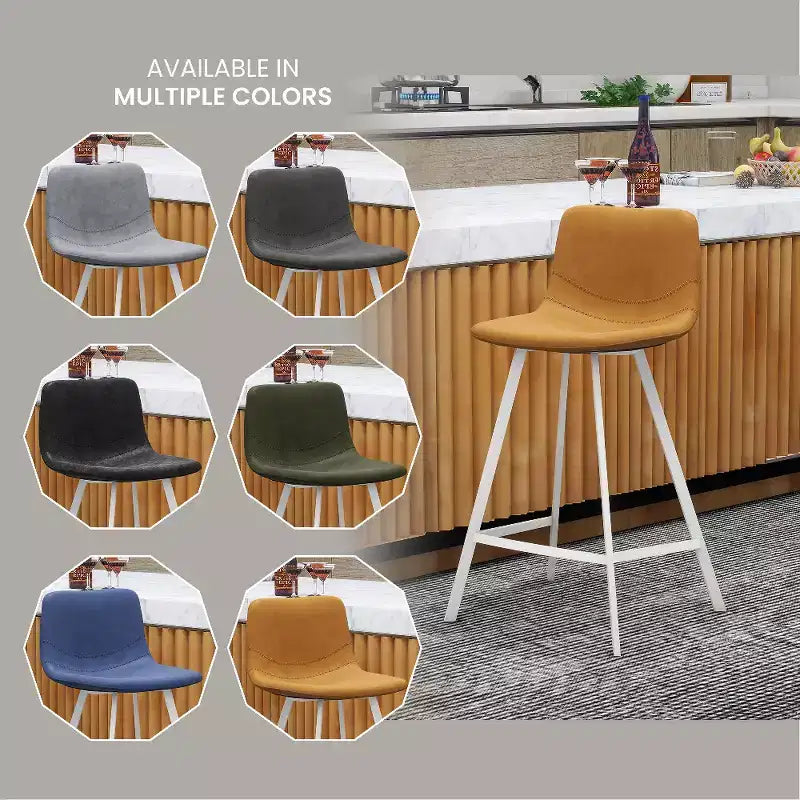 Elland Leather Bar Stool  Modern Counter Height Stool with White Stainless Steel Legs for Kitchen Island or Home Bar Set of 2
