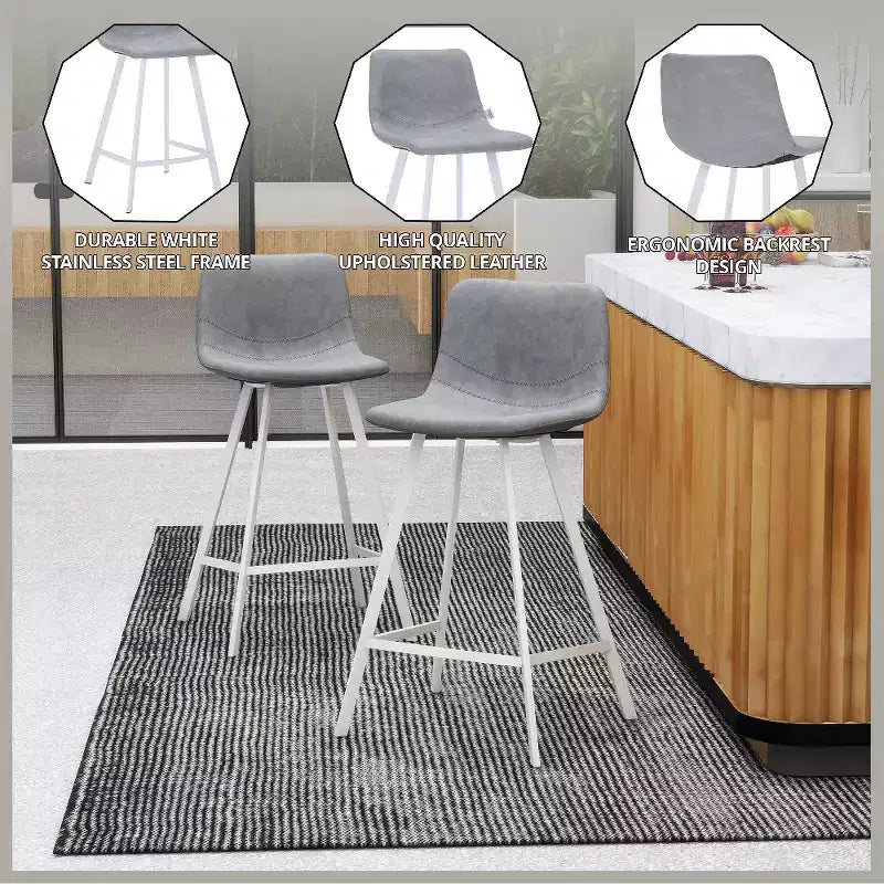 Elland Leather Bar Stool  Modern Counter Height Stool with White Stainless Steel Legs for Kitchen Island or Home Bar Set of 2