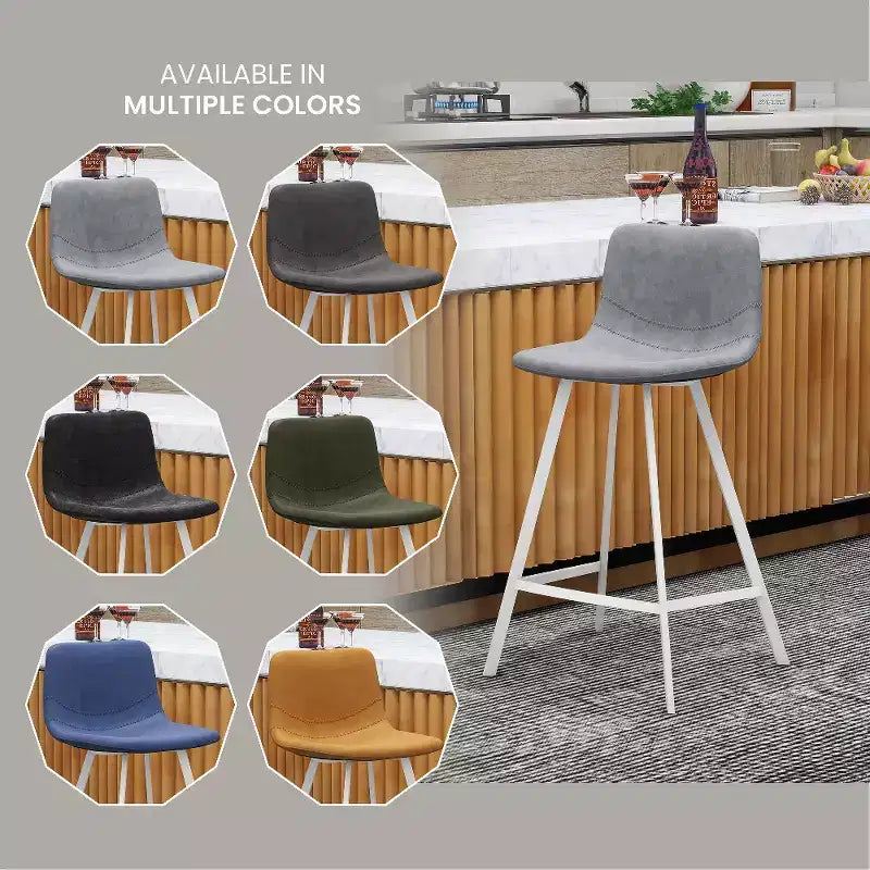 Elland Leather Bar Stool  Modern Counter Height Stool with White Stainless Steel Legs for Kitchen Island or Home Bar Set of 2