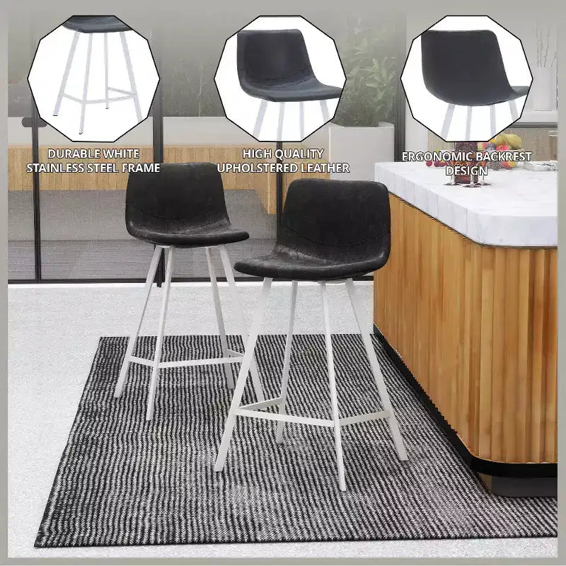 Elland Leather Bar Stool  Modern Counter Height Stool with White Stainless Steel Legs for Kitchen Island or Home Bar Set of 2