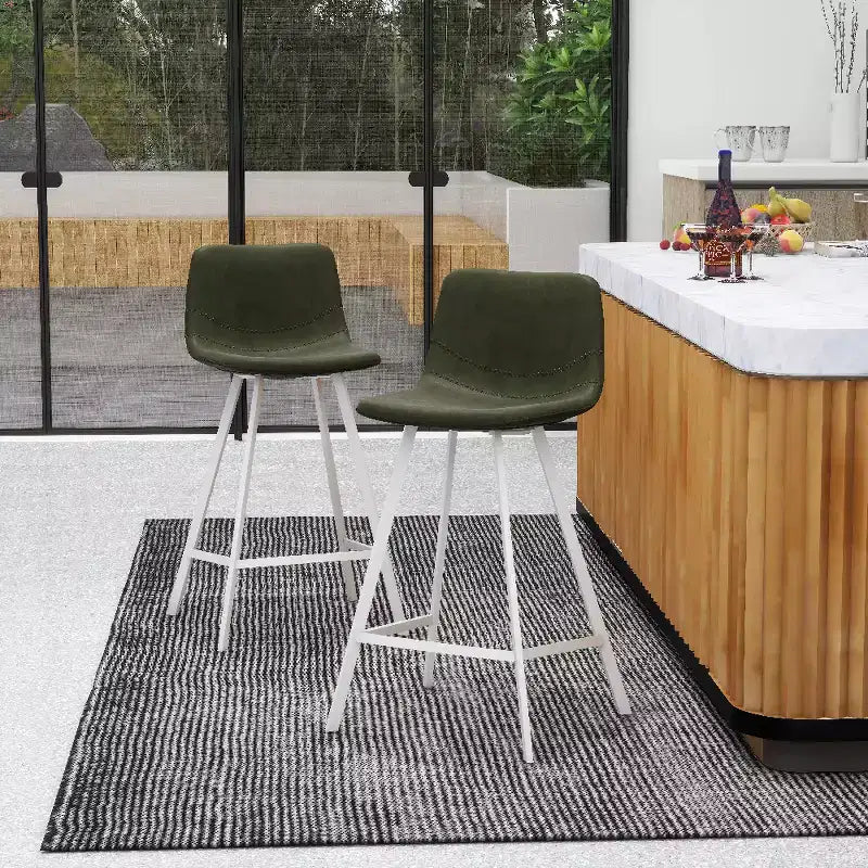 Elland Leather Bar Stool  Modern Counter Height Stool with White Stainless Steel Legs for Kitchen Island or Home Bar Set of 2