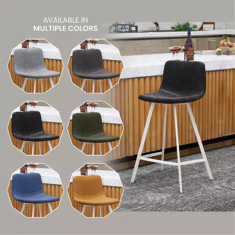 Elland Leather Bar Stool  Modern Counter Height Stool with White Stainless Steel Legs for Kitchen Island or Home Bar Set of 2