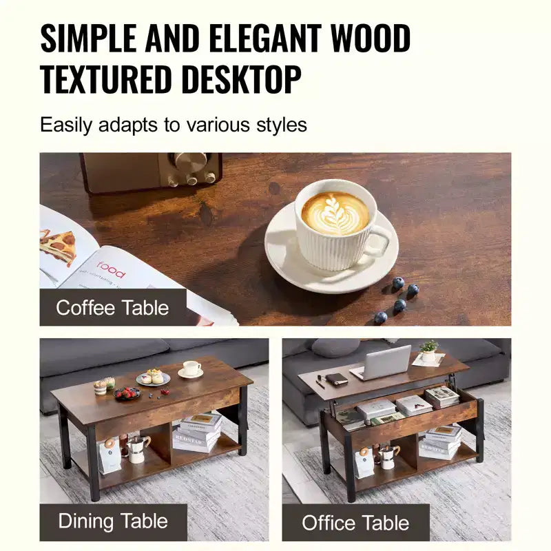 Lift Top Coffee Table, 41.7 in Rectangle Coffee Table with Extra Storage Pockets, Pop Up Coffee Table for Living Room, Brown