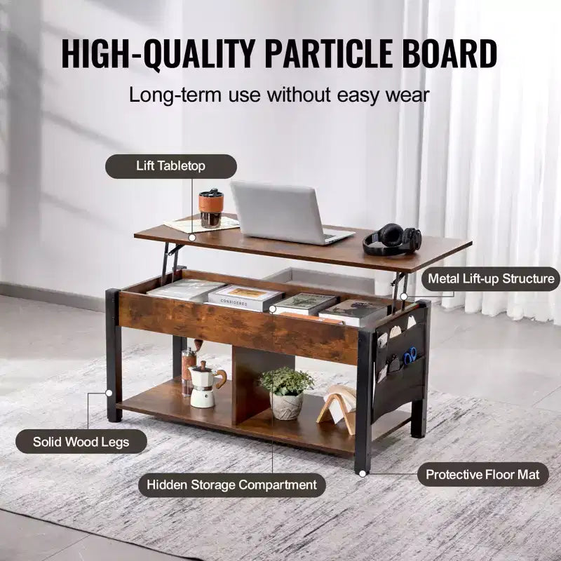 Lift Top Coffee Table, 41.7 in Rectangle Coffee Table with Extra Storage Pockets, Pop Up Coffee Table for Living Room, Brown