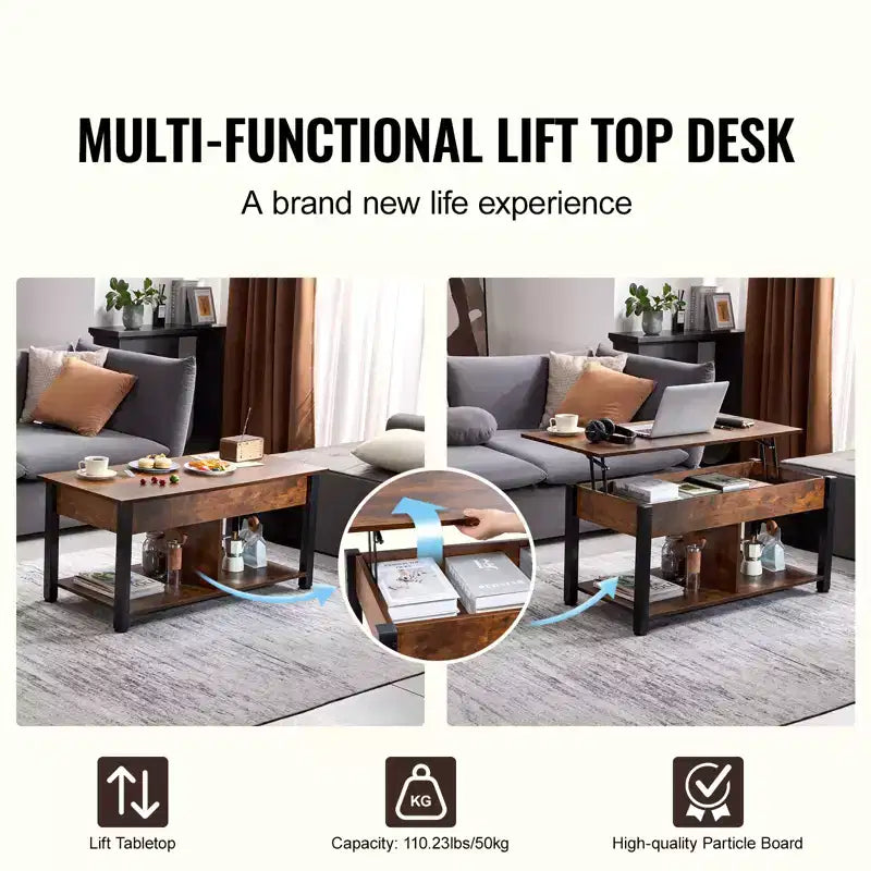 Lift Top Coffee Table, 41.7 in Rectangle Coffee Table with Extra Storage Pockets, Pop Up Coffee Table for Living Room, Brown