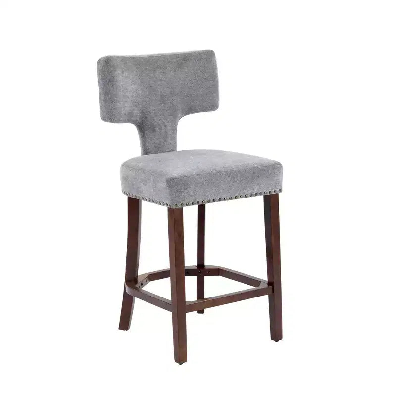 Set of 2 Mid Century Counter Height Bar Stools, Farmhouse Linen Fabric Upholstered Kitchen Accent Chair Curved Backrest