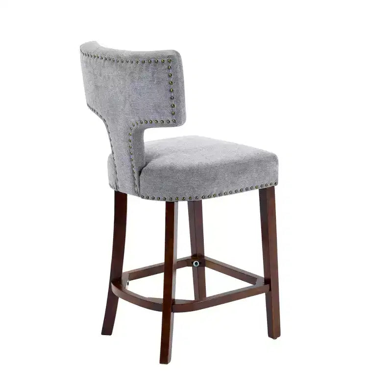 Set of 2 Mid Century Counter Height Bar Stools, Farmhouse Linen Fabric Upholstered Kitchen Accent Chair Curved Backrest