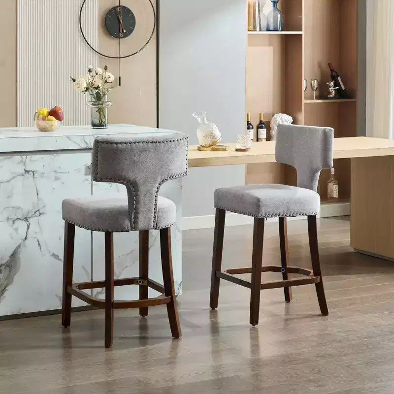 Set of 2 Mid Century Counter Height Bar Stools, Farmhouse Linen Fabric Upholstered Kitchen Accent Chair Curved Backrest
