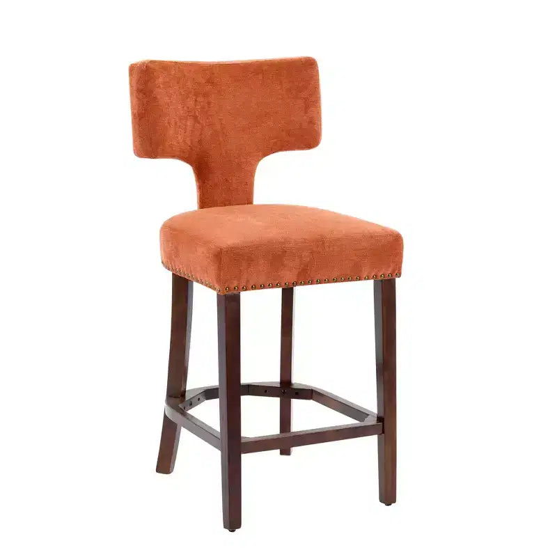 Set of 2 Mid Century Counter Height Bar Stools, Farmhouse Linen Fabric Upholstered Kitchen Accent Chair Curved Backrest