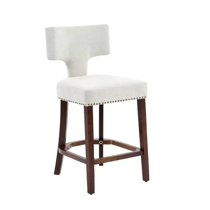 Set of 2 Mid Century Counter Height Bar Stools, Farmhouse Linen Fabric Upholstered Kitchen Accent Chair Curved Backrest
