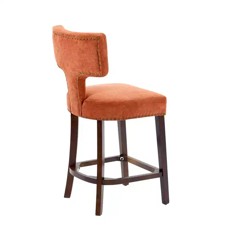 Set of 2 Mid Century Counter Height Bar Stools, Farmhouse Linen Fabric Upholstered Kitchen Accent Chair Curved Backrest