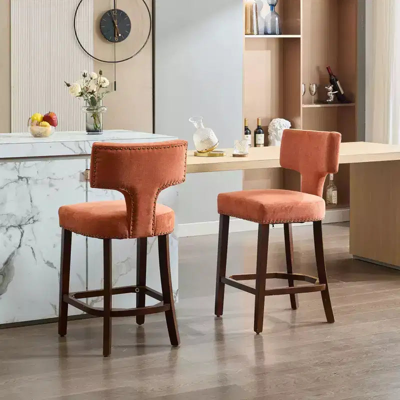 Set of 2 Mid Century Counter Height Bar Stools, Farmhouse Linen Fabric Upholstered Kitchen Accent Chair Curved Backrest
