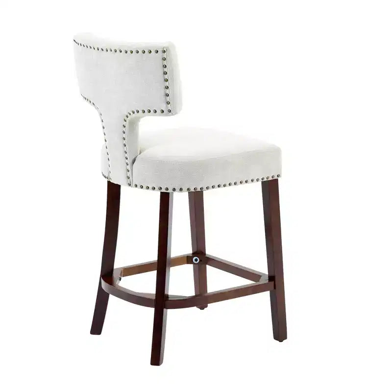 Set of 2 Mid Century Counter Height Bar Stools, Farmhouse Linen Fabric Upholstered Kitchen Accent Chair Curved Backrest