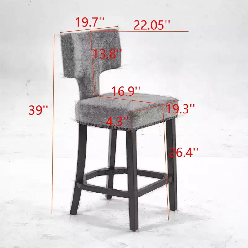 Set of 2 Mid Century Counter Height Bar Stools, Farmhouse Linen Fabric Upholstered Kitchen Accent Chair Curved Backrest