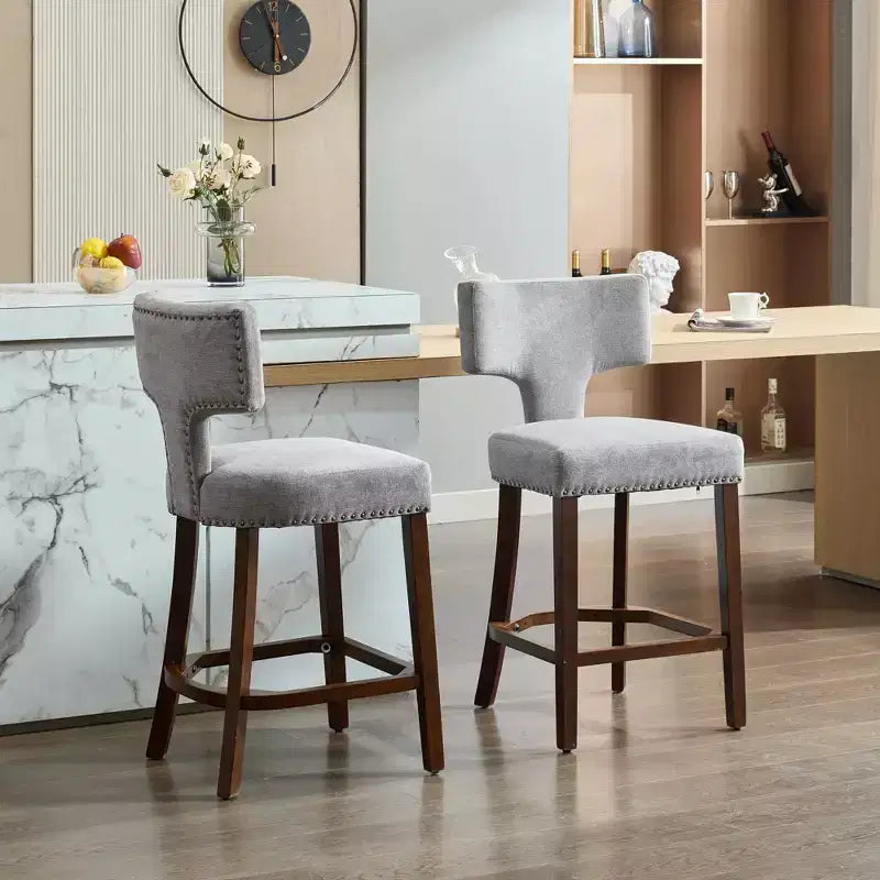 Set of 2 Mid Century Counter Height Bar Stools, Farmhouse Linen Fabric Upholstered Kitchen Accent Chair Curved Backrest