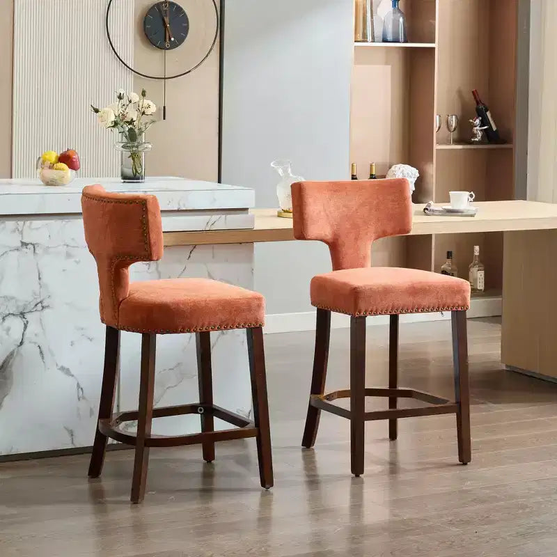 Set of 2 Mid Century Counter Height Bar Stools, Farmhouse Linen Fabric Upholstered Kitchen Accent Chair Curved Backrest