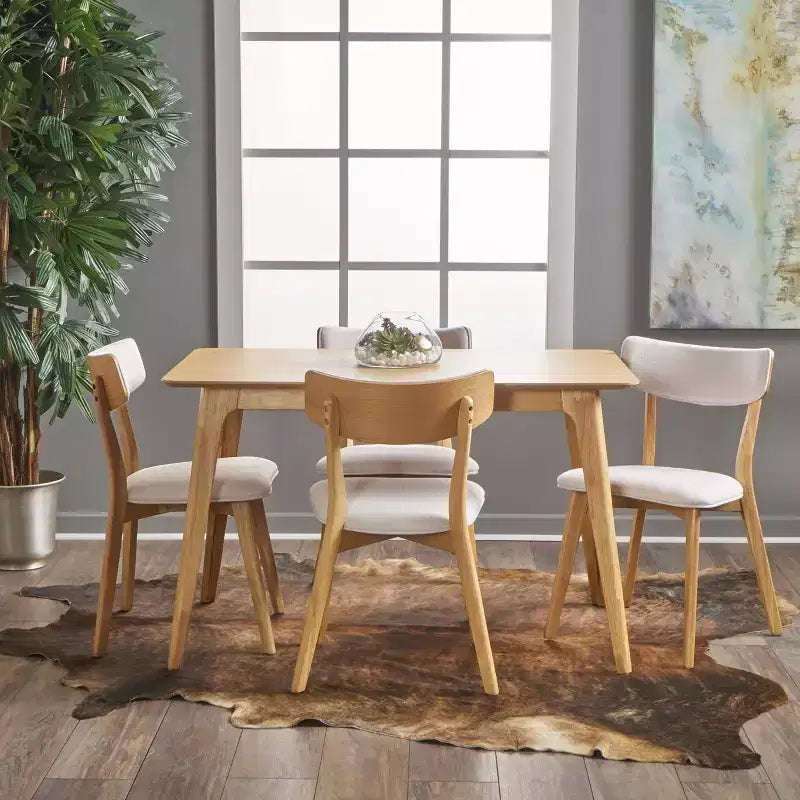 Leora Mid-Century Modern Wood Fabric Upholstered 5 Piece Dining Set