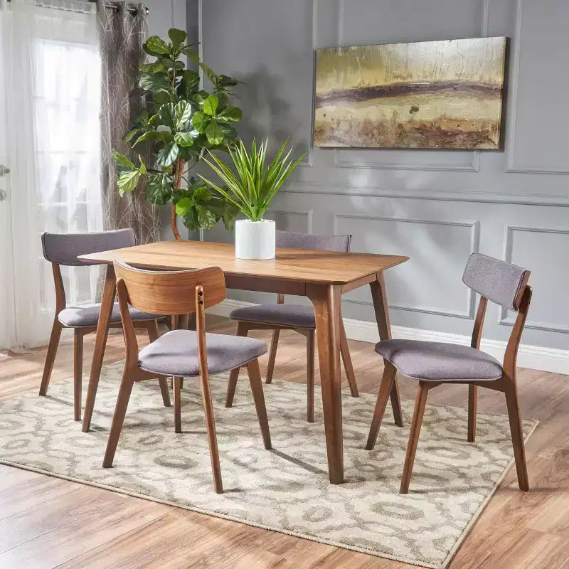 Leora Mid-Century Modern Wood Fabric Upholstered 5 Piece Dining Set