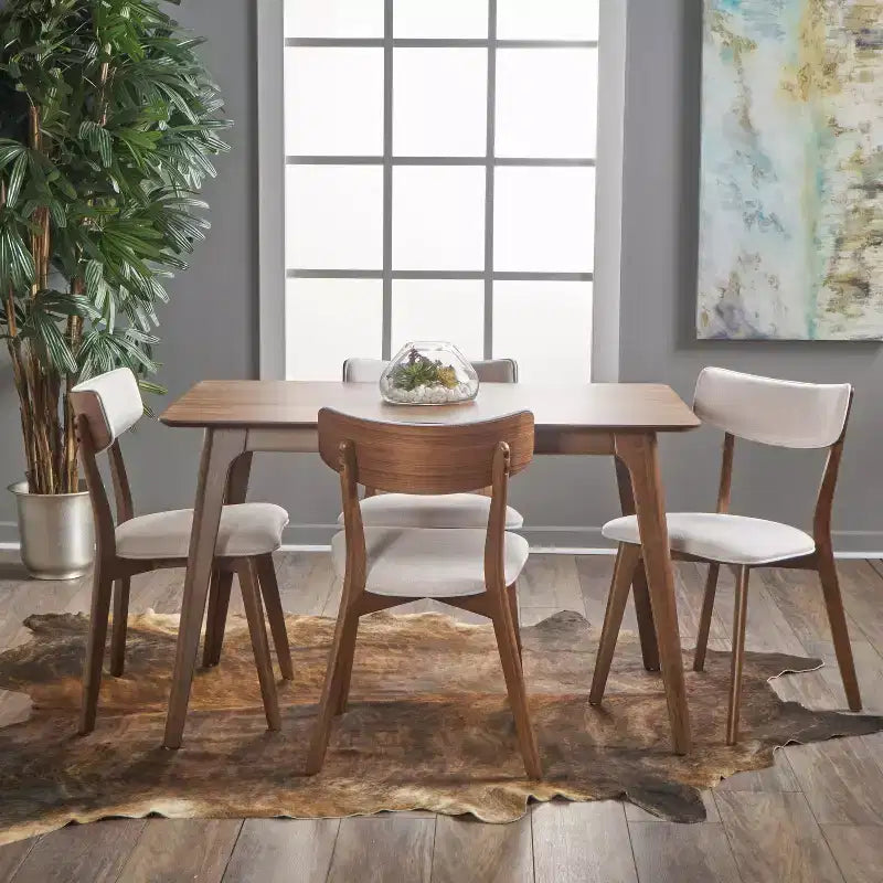 Leora Mid-Century Modern Wood Fabric Upholstered 5 Piece Dining Set