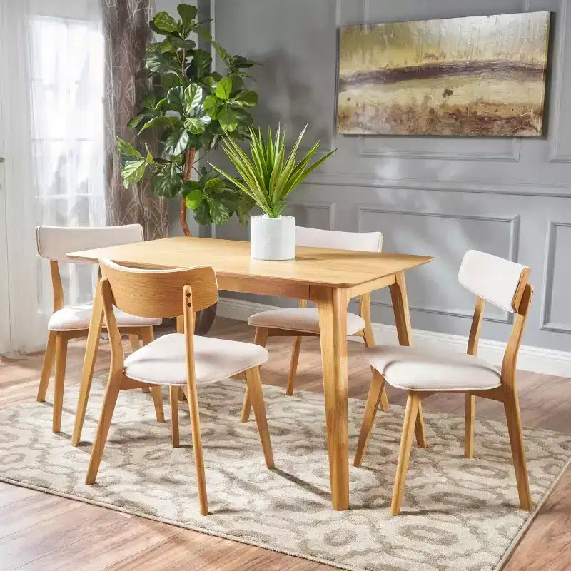Leora Mid-Century Modern Wood Fabric Upholstered 5 Piece Dining Set