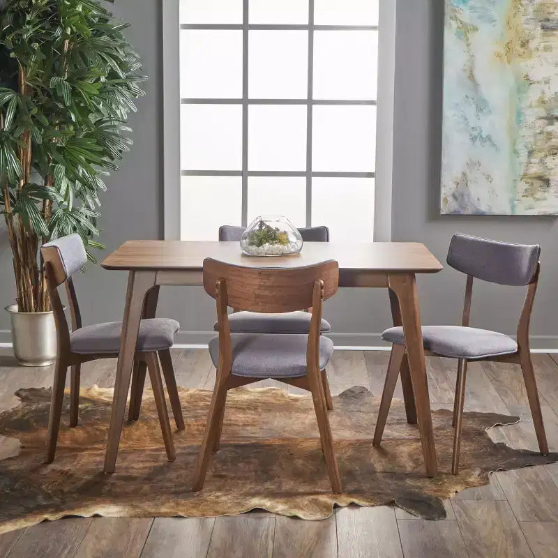 Leora Mid-Century Modern Wood Fabric Upholstered 5 Piece Dining Set