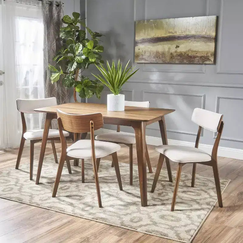 Leora Mid-Century Modern Wood Fabric Upholstered 5 Piece Dining Set