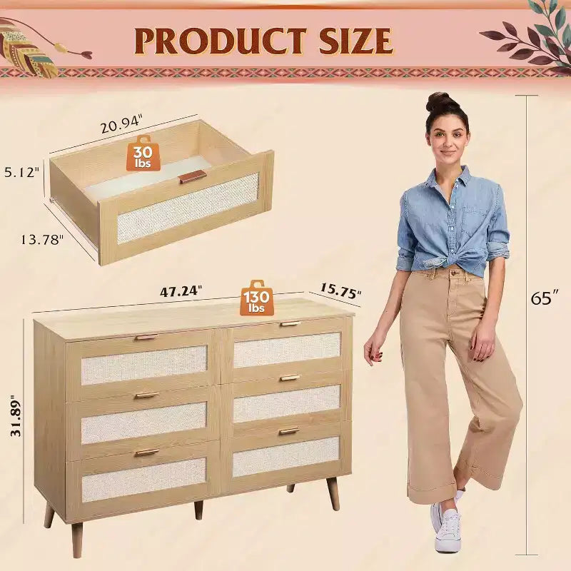 Boho Rattan 6-Drawer Dresser  47.24'' Wide Storage Cabinet with Gold Handles, Fits 55'' TV, Ideal for Bedroom, Living Room,Light Oak