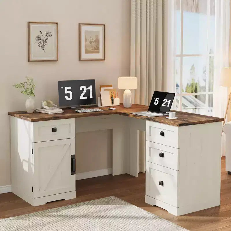 60 Executive L Shaped Desk, Home Office Desk with File Drawers and Storage Cabinet, Corner Computer Desk with Adjustable Side Storage Cabinet
