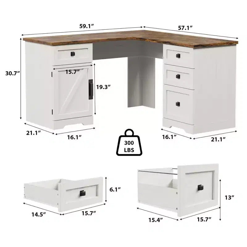 60 Executive L Shaped Desk, Home Office Desk with File Drawers and Storage Cabinet, Corner Computer Desk with Adjustable Side Storage Cabinet
