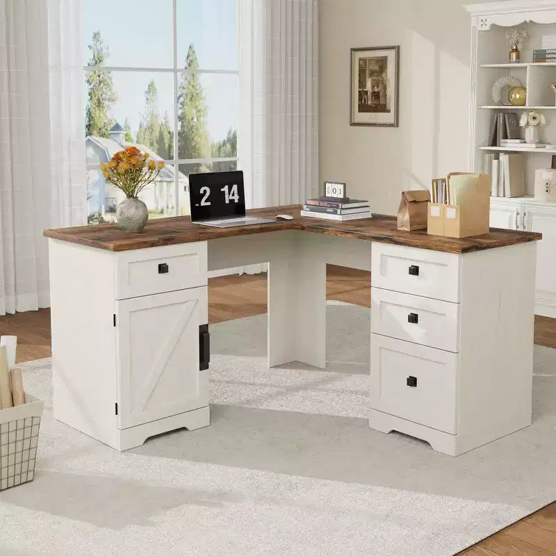 60 Executive L Shaped Desk, Home Office Desk with File Drawers and Storage Cabinet, Corner Computer Desk with Adjustable Side Storage Cabinet