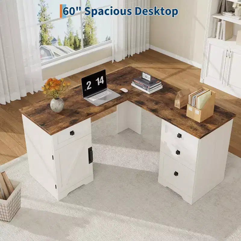 60 Executive L Shaped Desk, Home Office Desk with File Drawers and Storage Cabinet, Corner Computer Desk with Adjustable Side Storage Cabinet