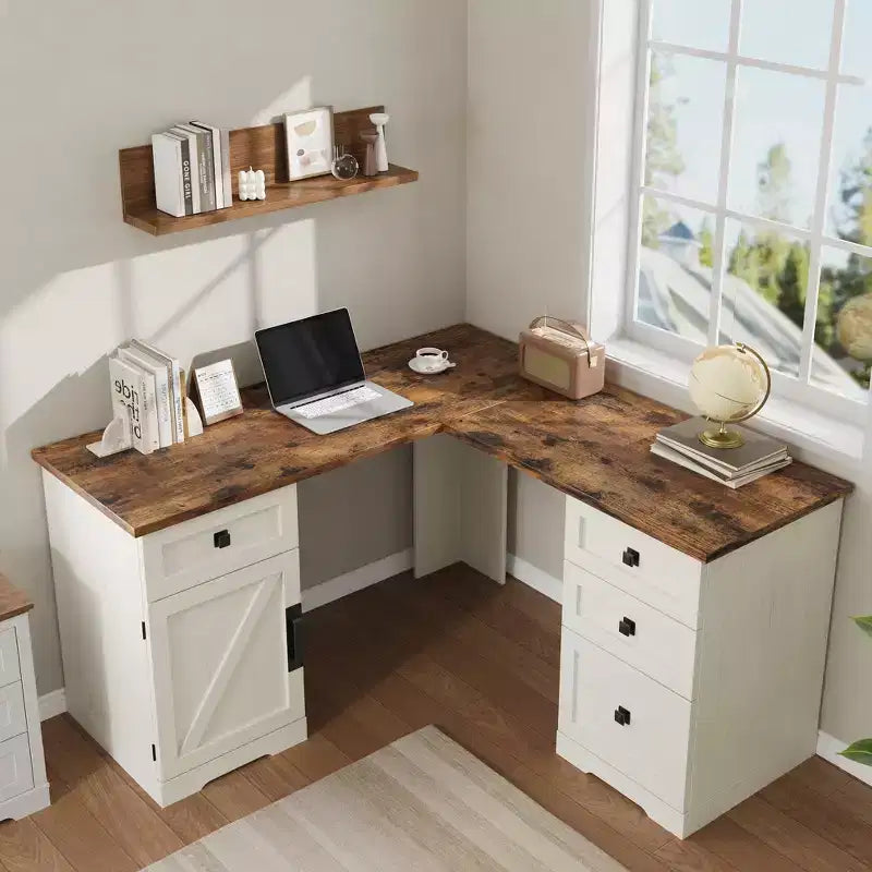 60 Executive L Shaped Desk, Home Office Desk with File Drawers and Storage Cabinet, Corner Computer Desk with Adjustable Side Storage Cabinet