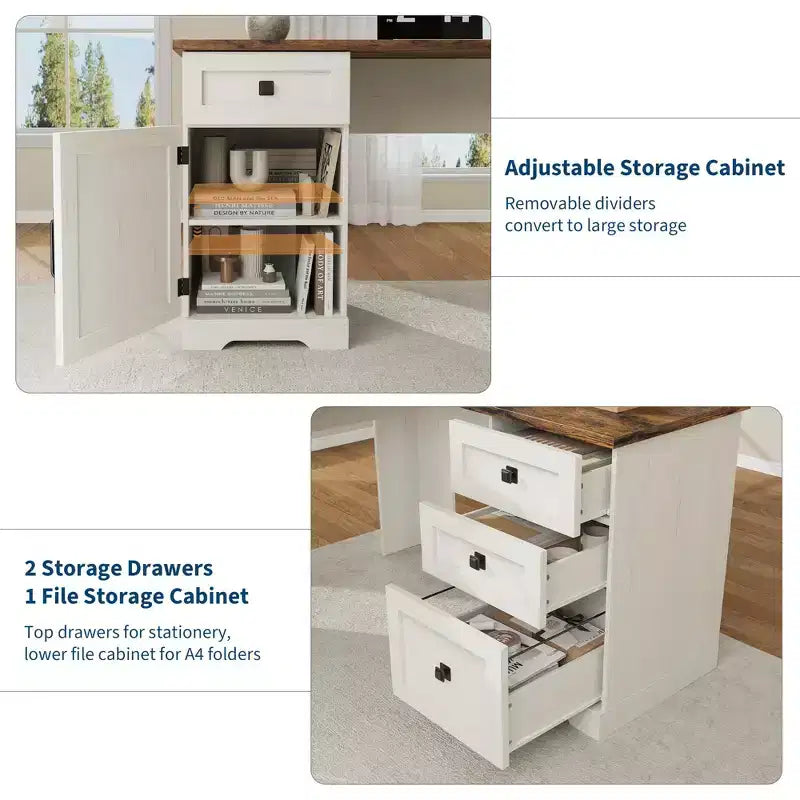 60 Executive L Shaped Desk, Home Office Desk with File Drawers and Storage Cabinet, Corner Computer Desk with Adjustable Side Storage Cabinet