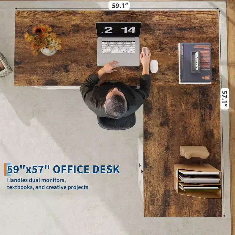 60 Executive L Shaped Desk, Home Office Desk with File Drawers and Storage Cabinet, Corner Computer Desk with Adjustable Side Storage Cabinet