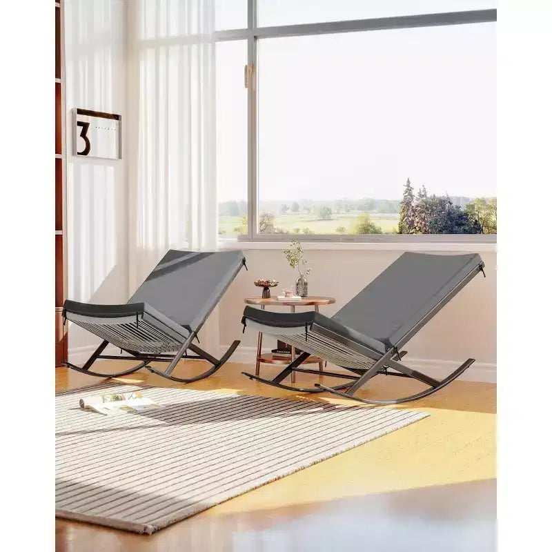 Garden Rocking Chairs Set of 2, Outdoor Wicker Seaside Reclining Chair, Rattan Sun Lounger, Wicker Patio Poolside Lounger with Cushion