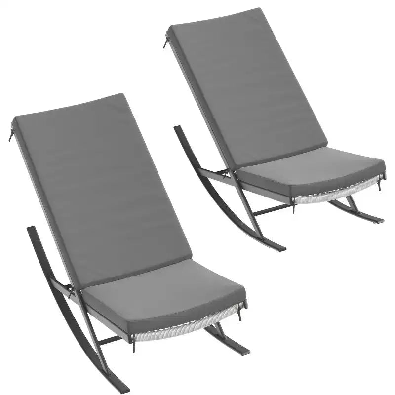 Garden Rocking Chairs Set of 2, Outdoor Wicker Seaside Reclining Chair, Rattan Sun Lounger, Wicker Patio Poolside Lounger with Cushion